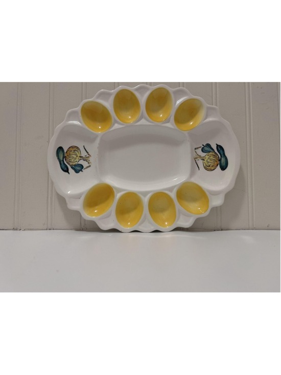 Unbranded Other - White Ceramic Egg Platter Yellow Wells Mid Century Modern Oval Farmhouse Kitchen